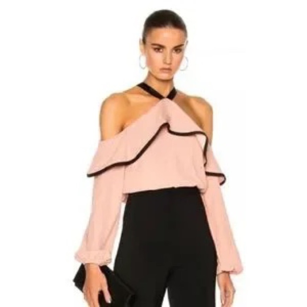 Alexis Two tone beige black cold shoulder ribbon top size Large Malia